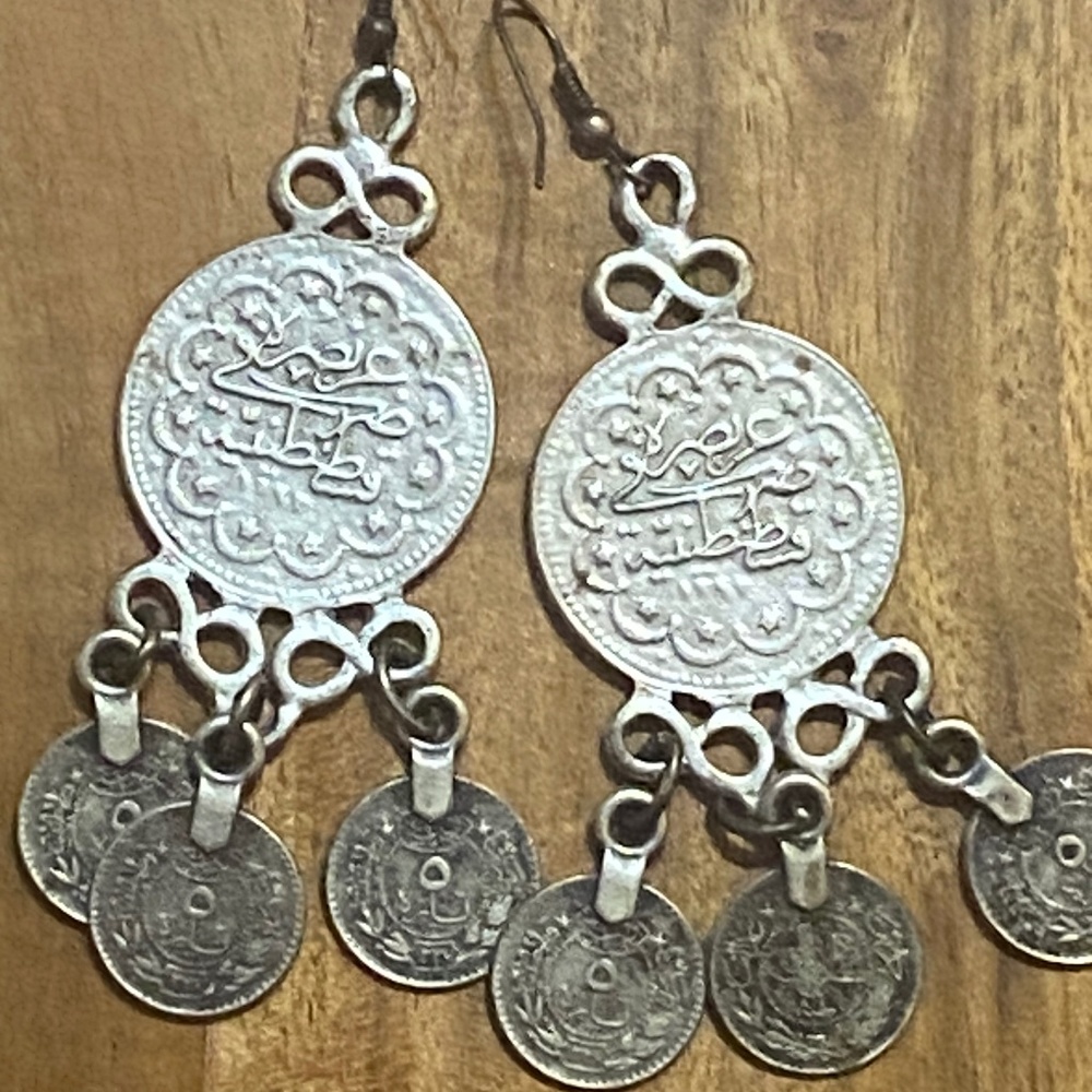 Vintage silver toned coin boho earrings